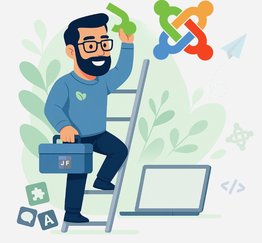 کاراکتر مرد متخصص با یونیفرم برند JFull در حال بالا رفتن از نردبان و تکمیل لوگوی جوملا با جعبه ابزار افزونه‌های JFull در دست، به همراه المان برگ و نماد افزونه‌ها، در پس‌زمینه فلت و رنگی مطابق هویت بصری سایت